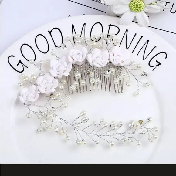 Wedding Bridal Hair Comb Hair Vine Flowers Pearls - Picture 5 of 8